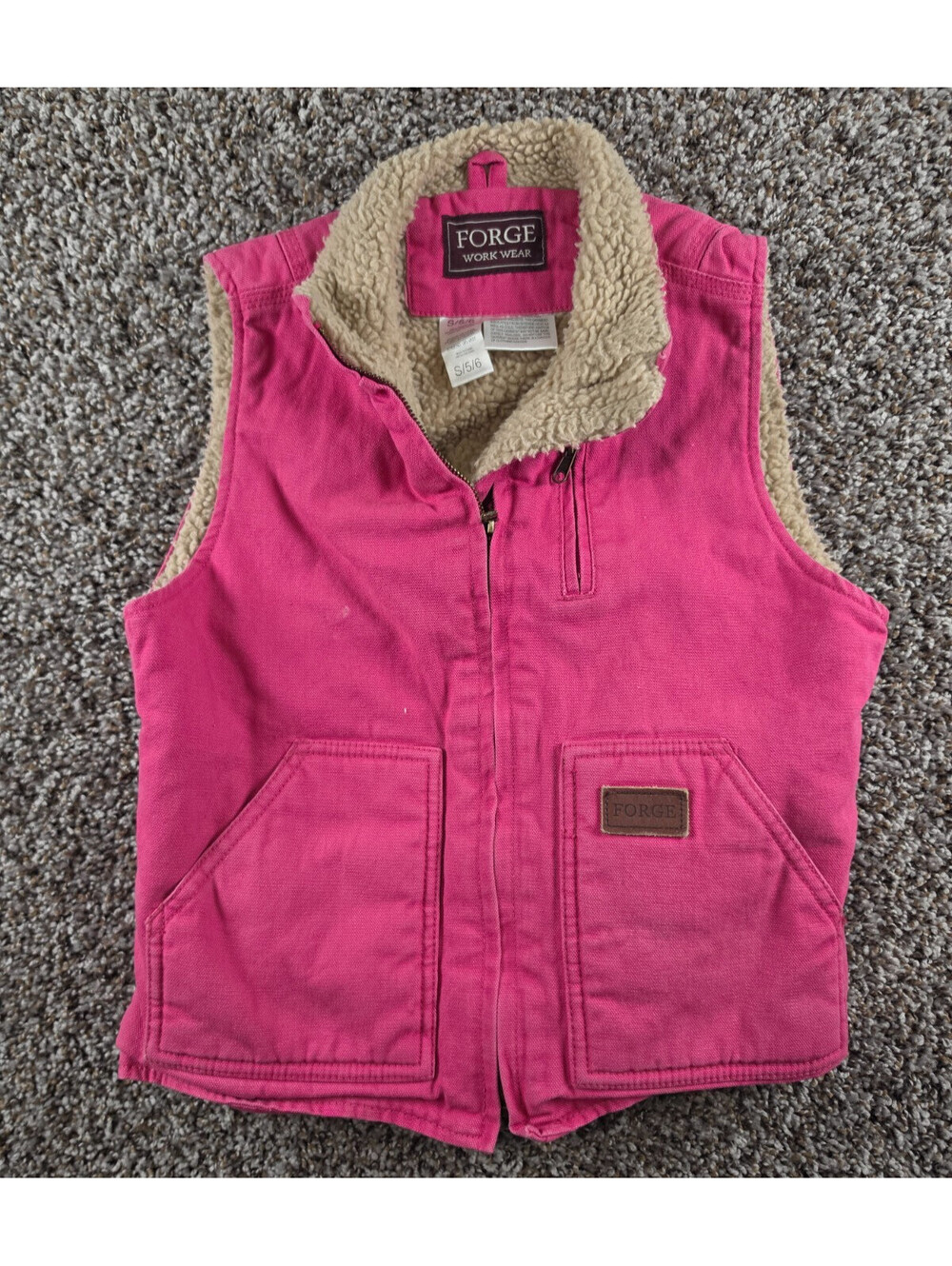 Forged Work Wear Girls Sz S Zip Up Duck Vest Pink Sherpa Lined Utility
